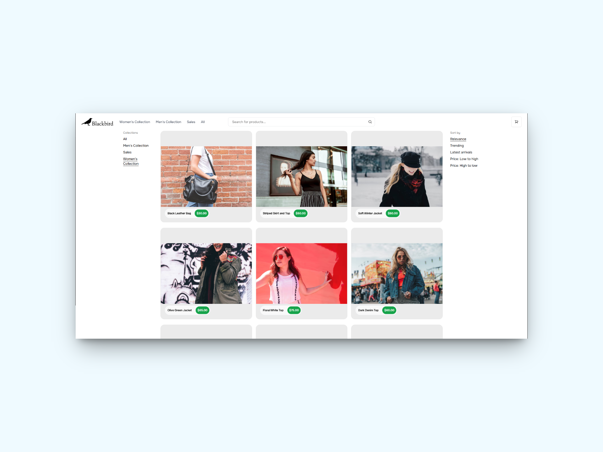 Imagenes sobre el proyecto Blackbird Tienda Retail Web E-commerce para venta de ropa